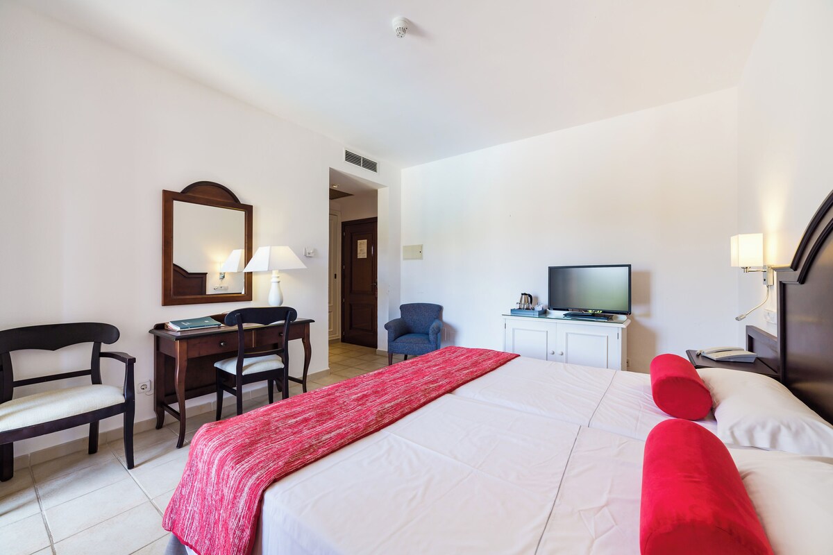 A hotel room with a bed, a desk with a chair, a television, and a mirror.