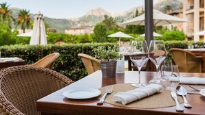Una mesa de comedor al aire libre con plato, cubiertos y copas de vino, con una planta en maceta y sombrillas al fondo.