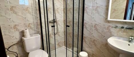 A bathroom with a glass-enclosed shower, toilet, and sink.