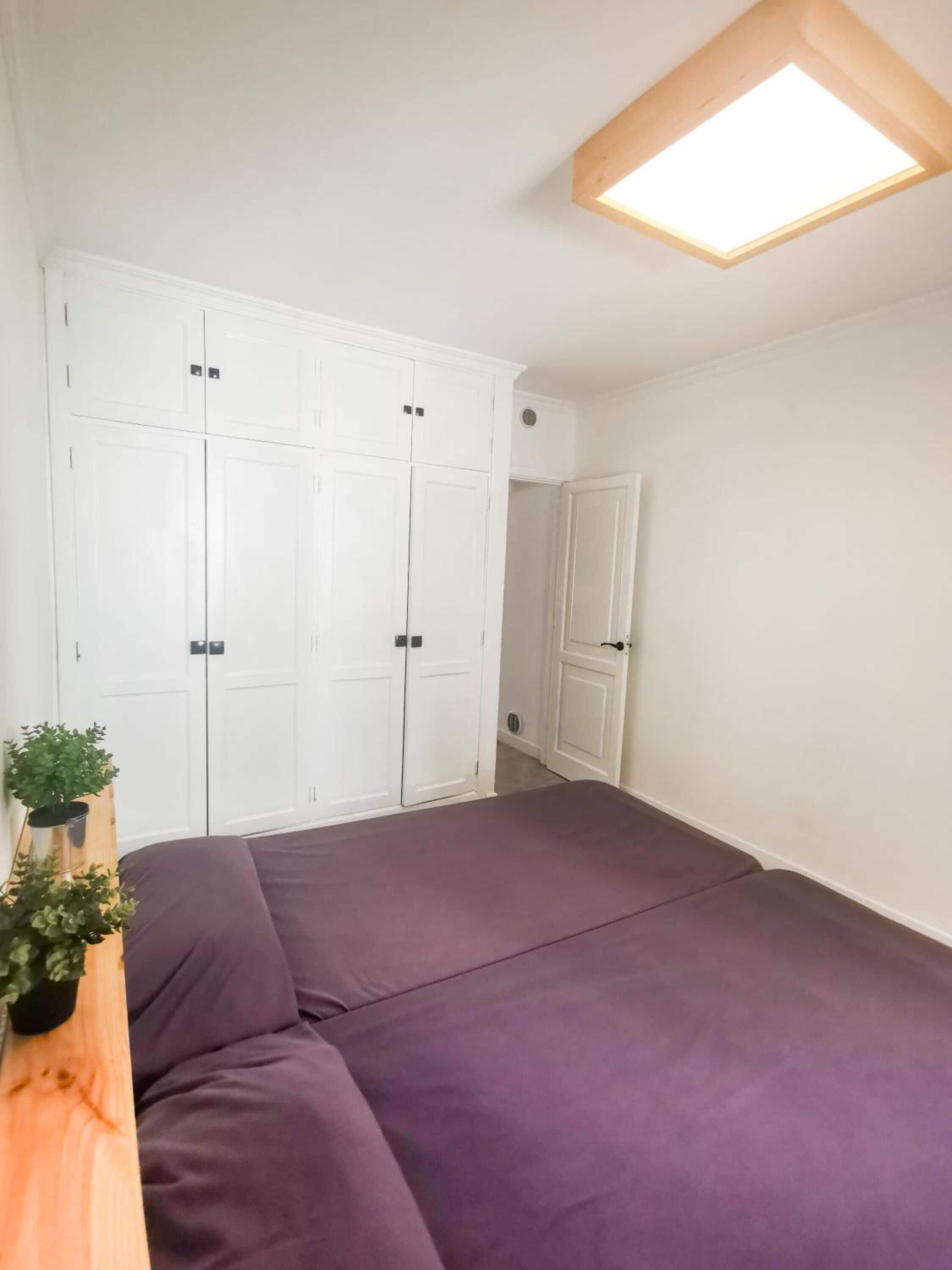 Un dormitorio con cama, armario, tragaluz y una planta en maceta.