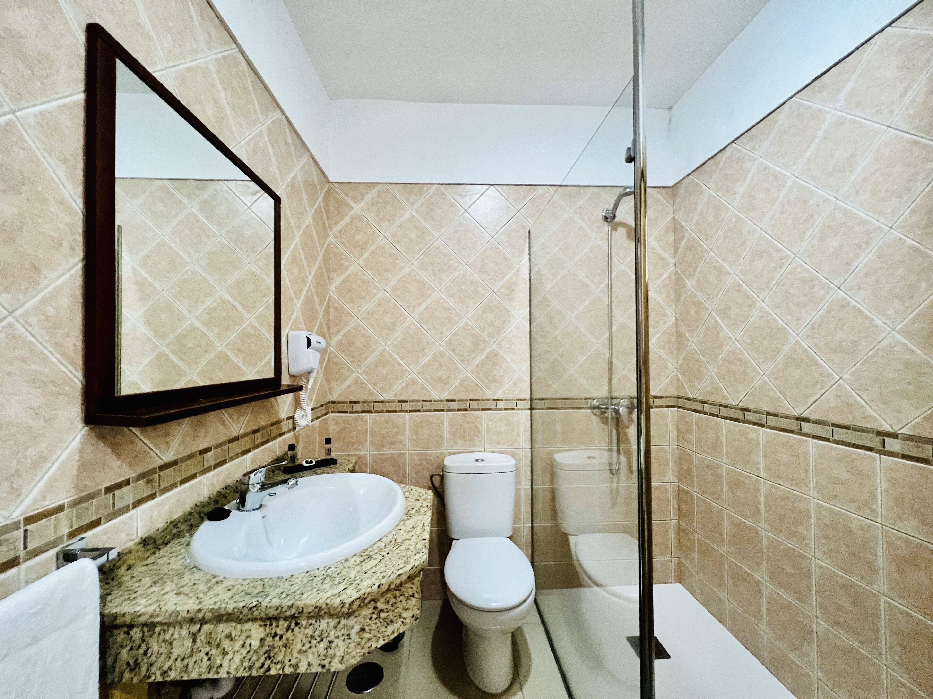Ein Badezimmer mit Granitwaschtisch, Toilette in Weiß und einer Duschkabine.