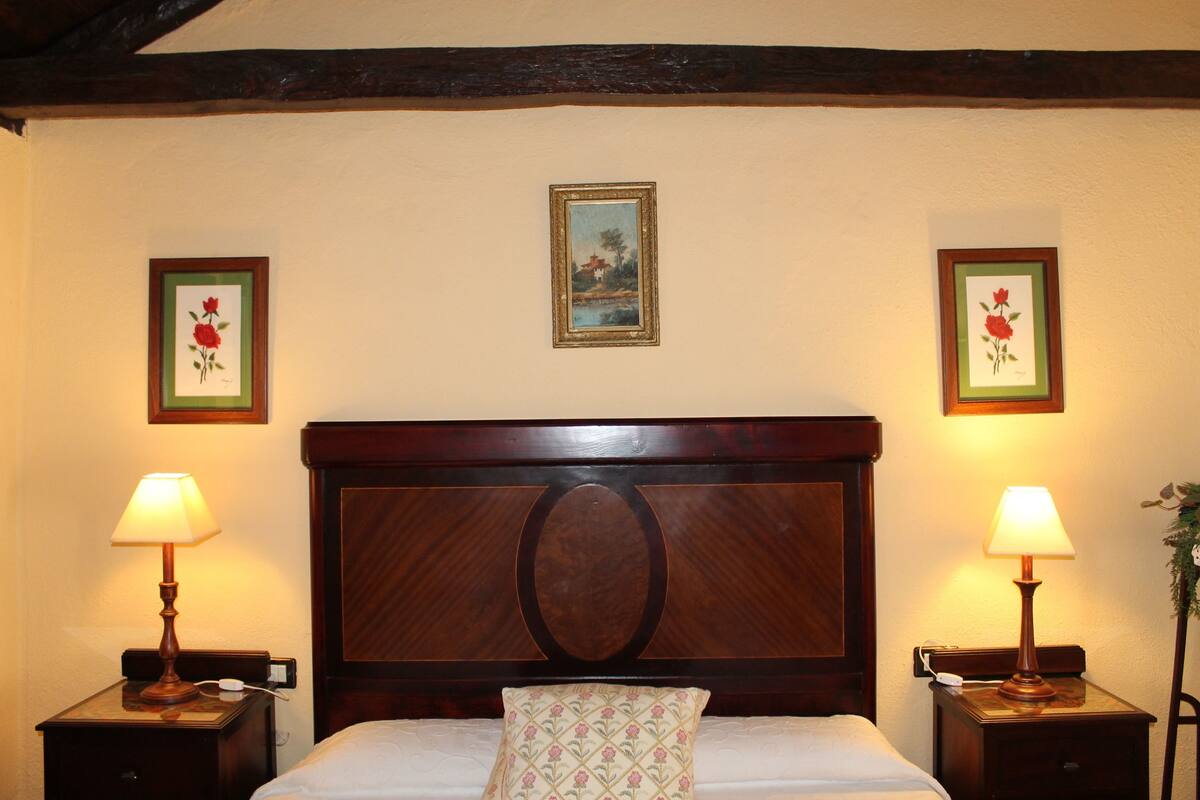 Een hotelkamer met een houten hoofdeinde, twee bedlampen, een bloemenkussen en bloemistische kunstwerken in lijsten aan de muren.