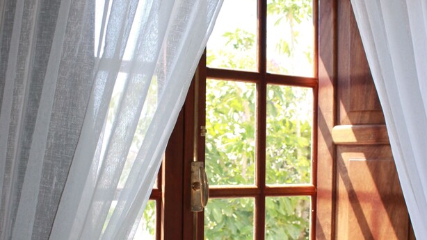 A window with white curtains, a wooden frame, and a view of greenery outside. - Casa Rural Anton Piche (Granadilla de Abona)
