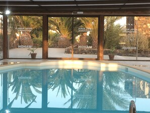 Alberca techada, acceso de 08:00 a 20:00, y camastros