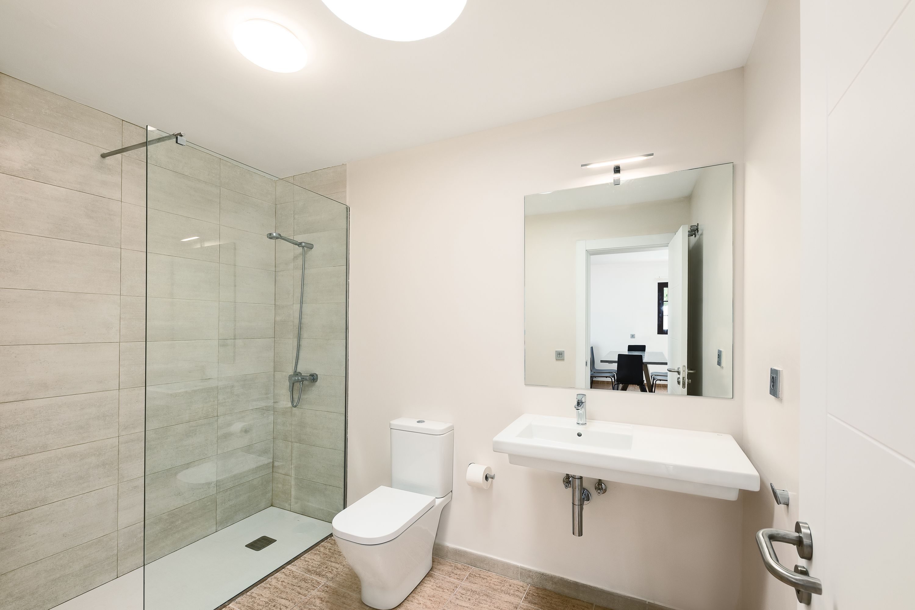 A modern bathroom with a glass shower enclosure, a toilet, a sink, and a mirror.