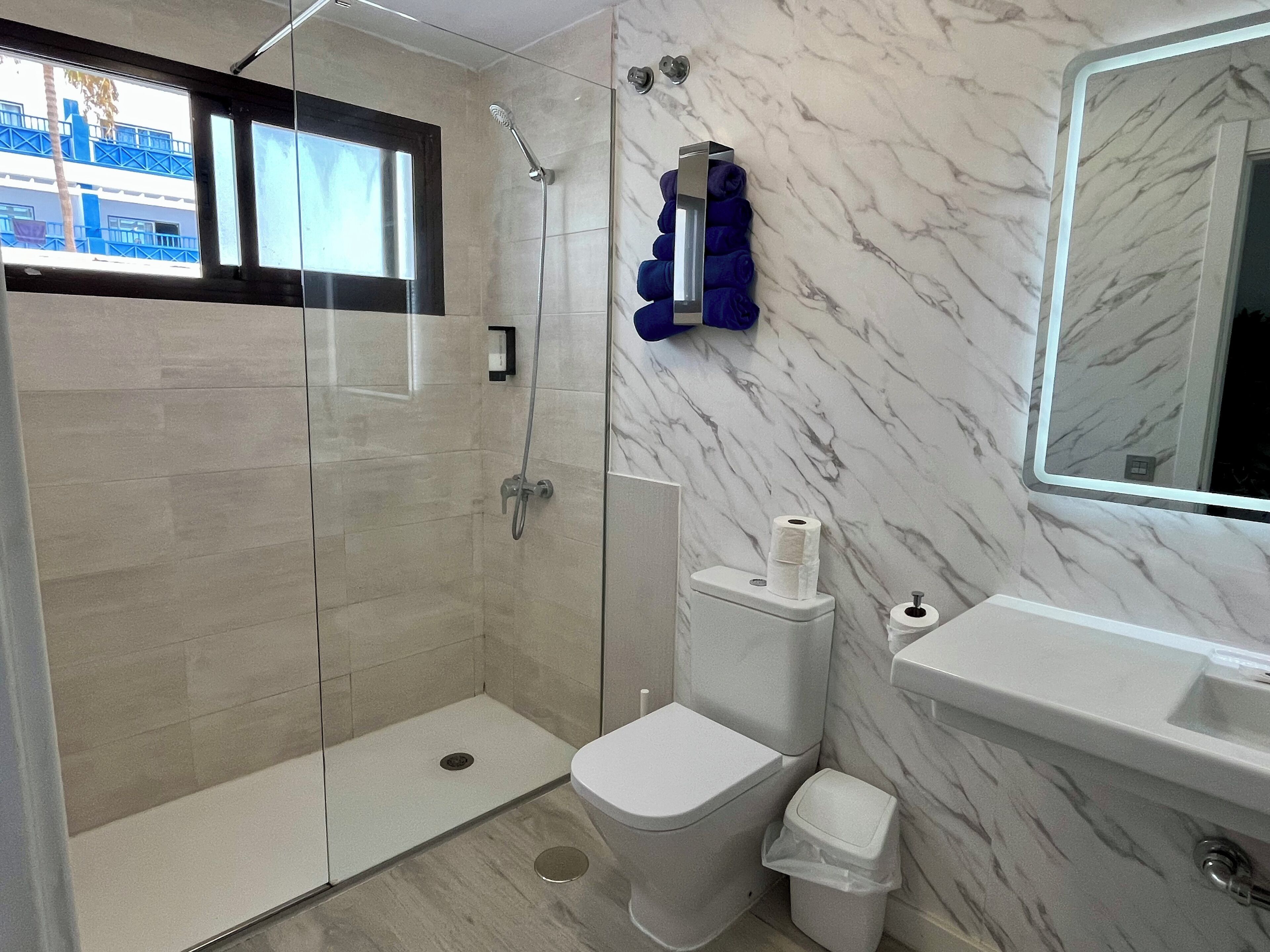 A modern bathroom with a glass-enclosed shower, a toilet, and a sink.