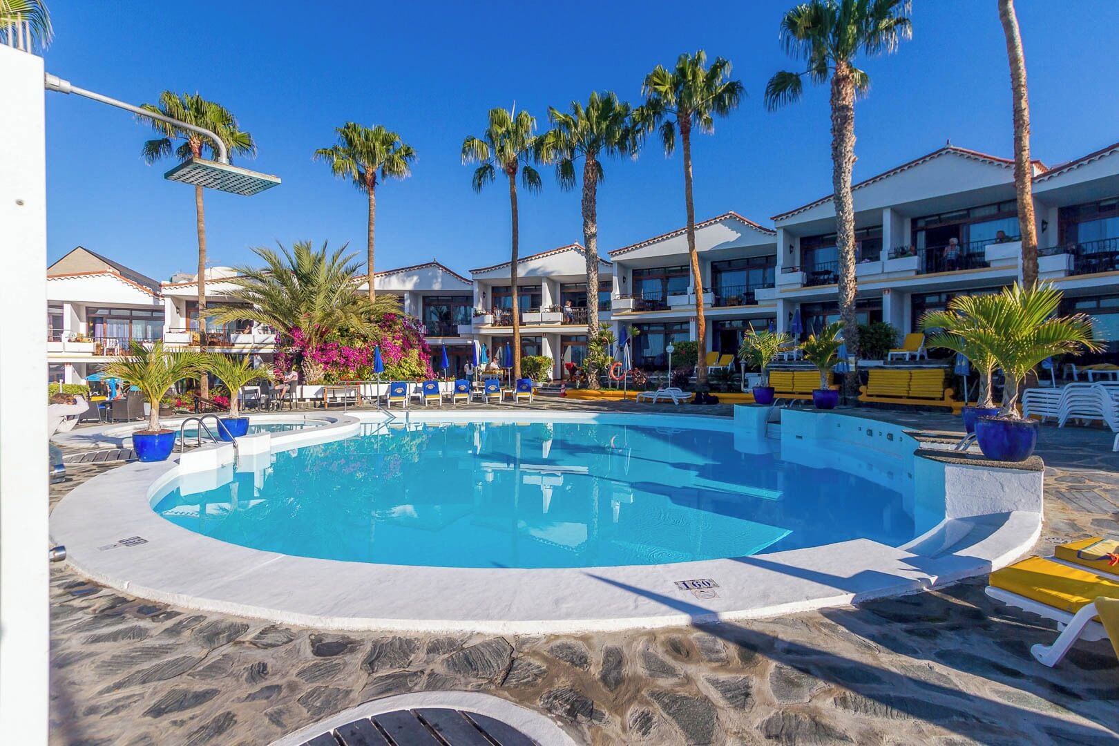 Una piscina con sillones de descanso, palmeras y un hotel al fondo.