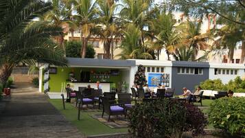 An outdoor seating area with chairs and tables, surrounded by palm trees and greenery.