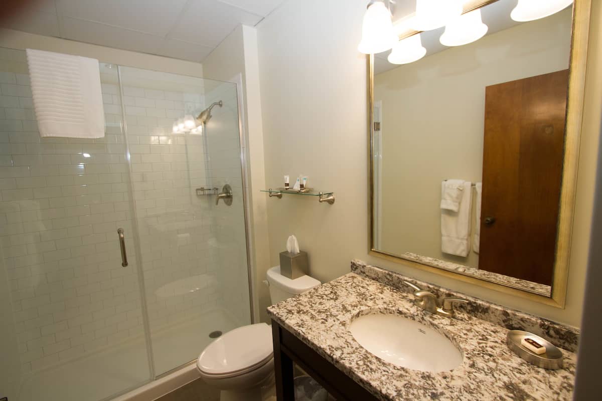 combined shower/bathtub, eco-friendly toiletries, towels