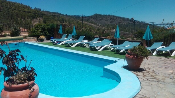 A swimming pool with blue water, surrounded by lounge chairs and potted plants. - Hotel Casa El Zaguan (Vilaflor)
