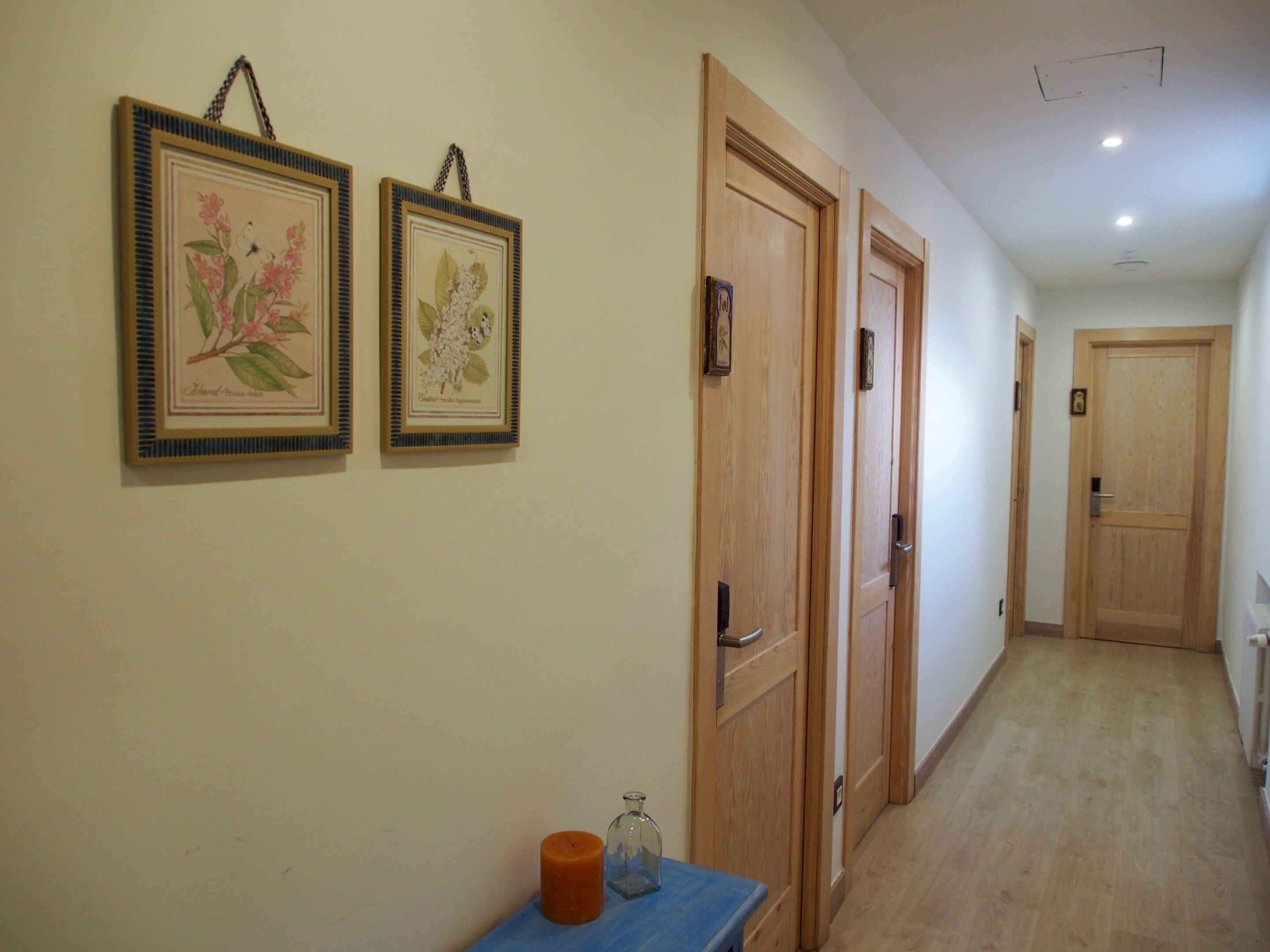 Un couloir avec des portes en bois, des reproductions botaniques encadrées accrochées au mur, et une petite table sur laquelle se trouvent une bougie et un verre.