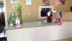 Een receptiebalie van een hotel met een bordje voor HBO Zender, een bord met de uiterlijke tijd, een ingelijste foto van een flamingo, en een kerstmanbeeldje dat een cadeautje vasthoudt.