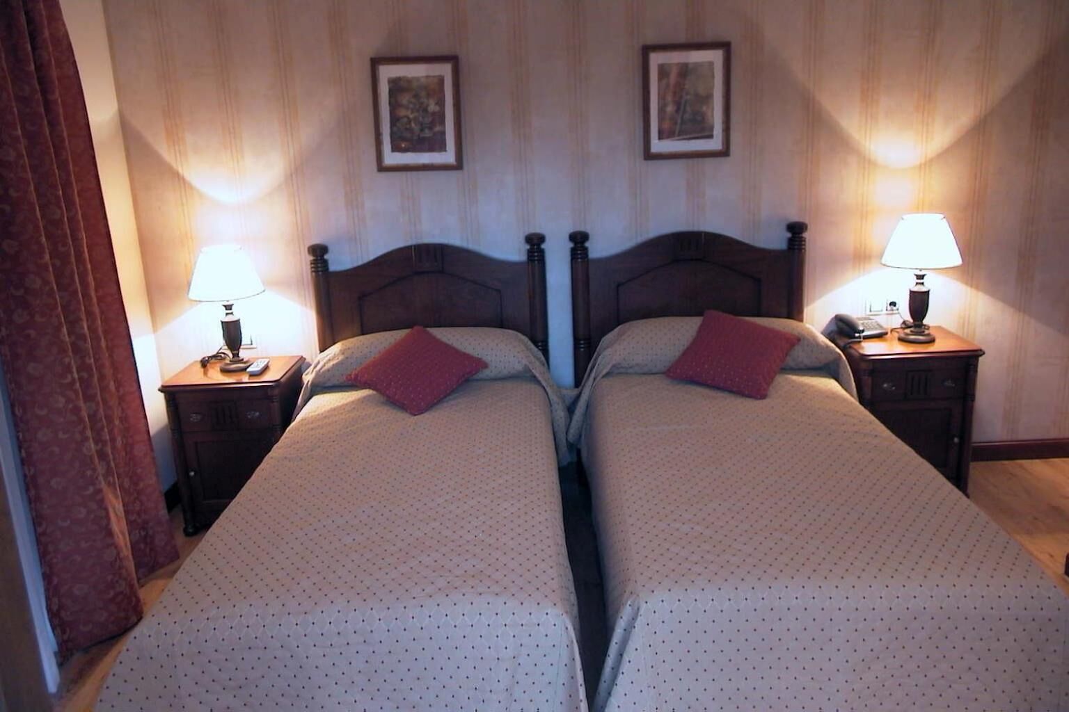 Una cama doble con dos almohadas, una mesita de noche con lámpara y un cuadro enmarcado en la pared.
