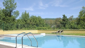 A swimming pool with metal railings, surrounded by a brick wall and trees. - El Salugral Termal Resort (Hervas)