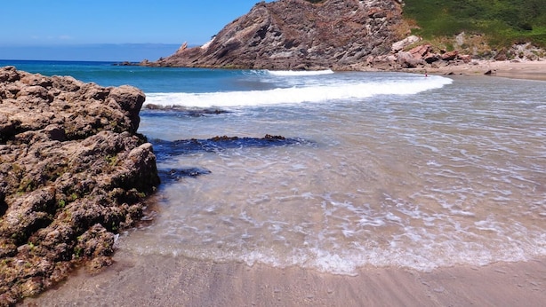 Ein felsiger Strand mit klarem Wasser und einer bewaldeten Hügelkette im Hintergrund.