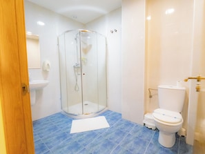 Shower, free toiletries, hair dryer, towels