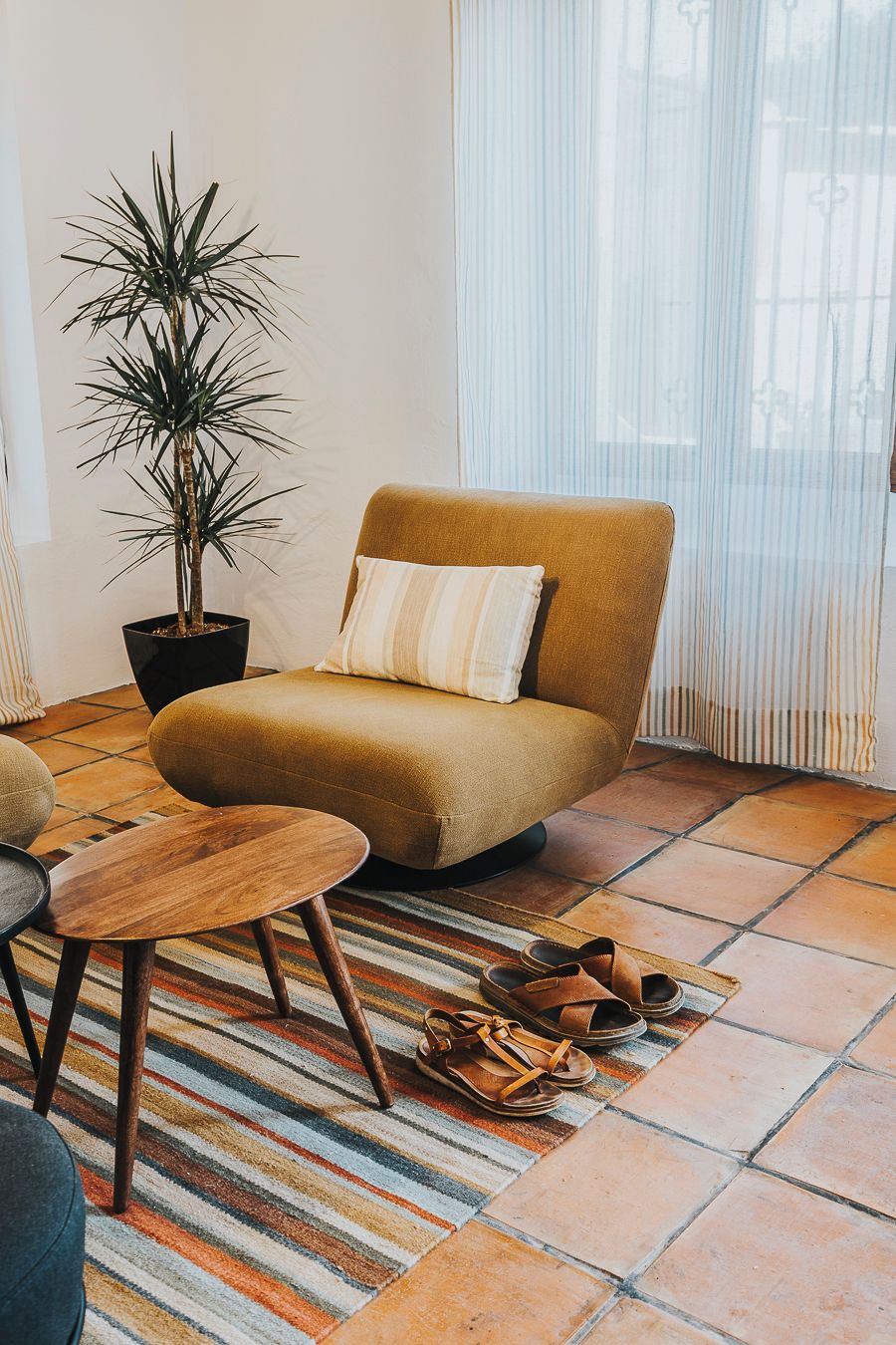 Una sala de estar con un sillón marrón, una mesita de madera, un tapete a rayas y una planta en maceta.