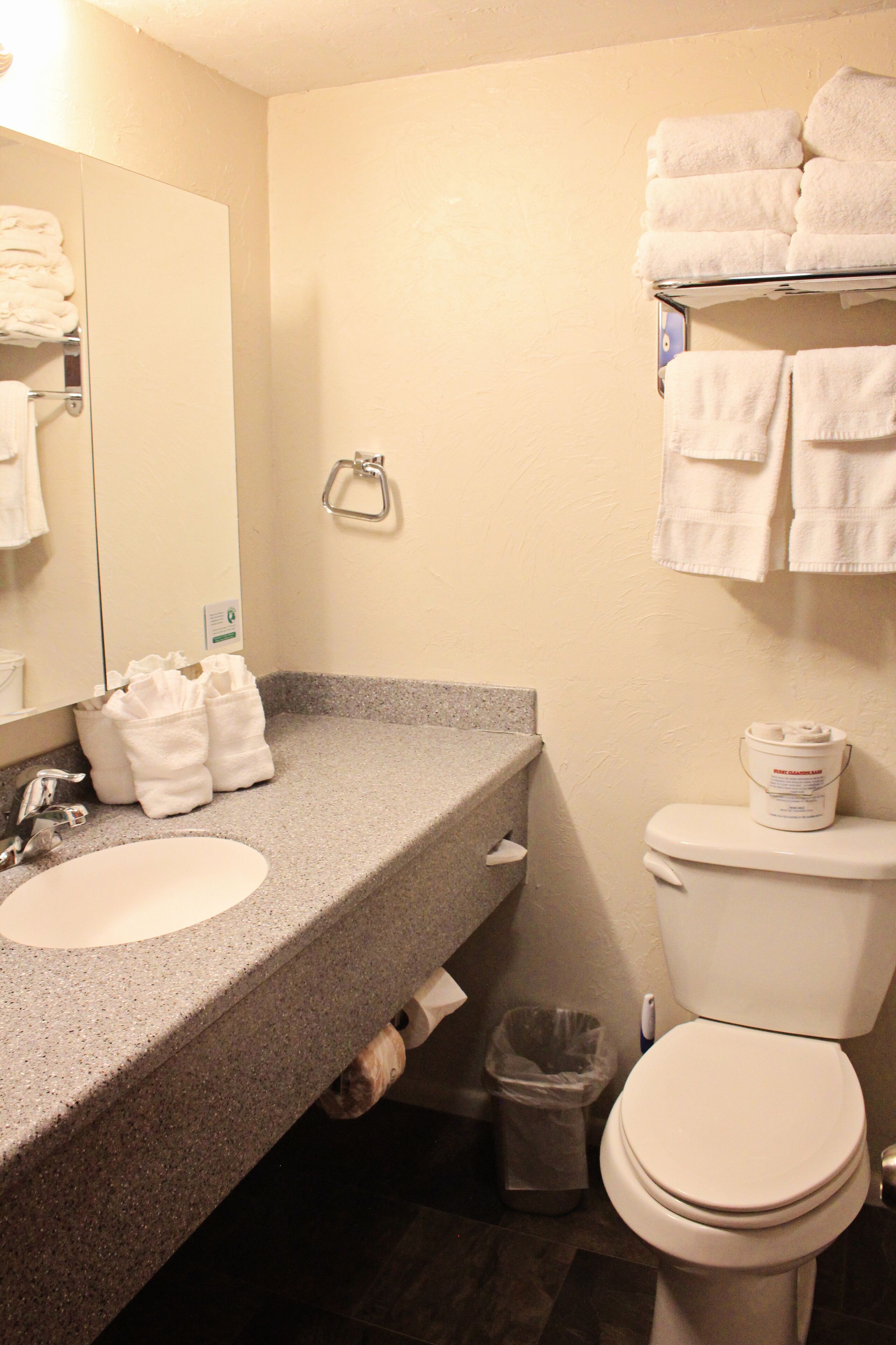 A bathroom with a granite countertop sink, a mirror, a toilet, and a trash can.