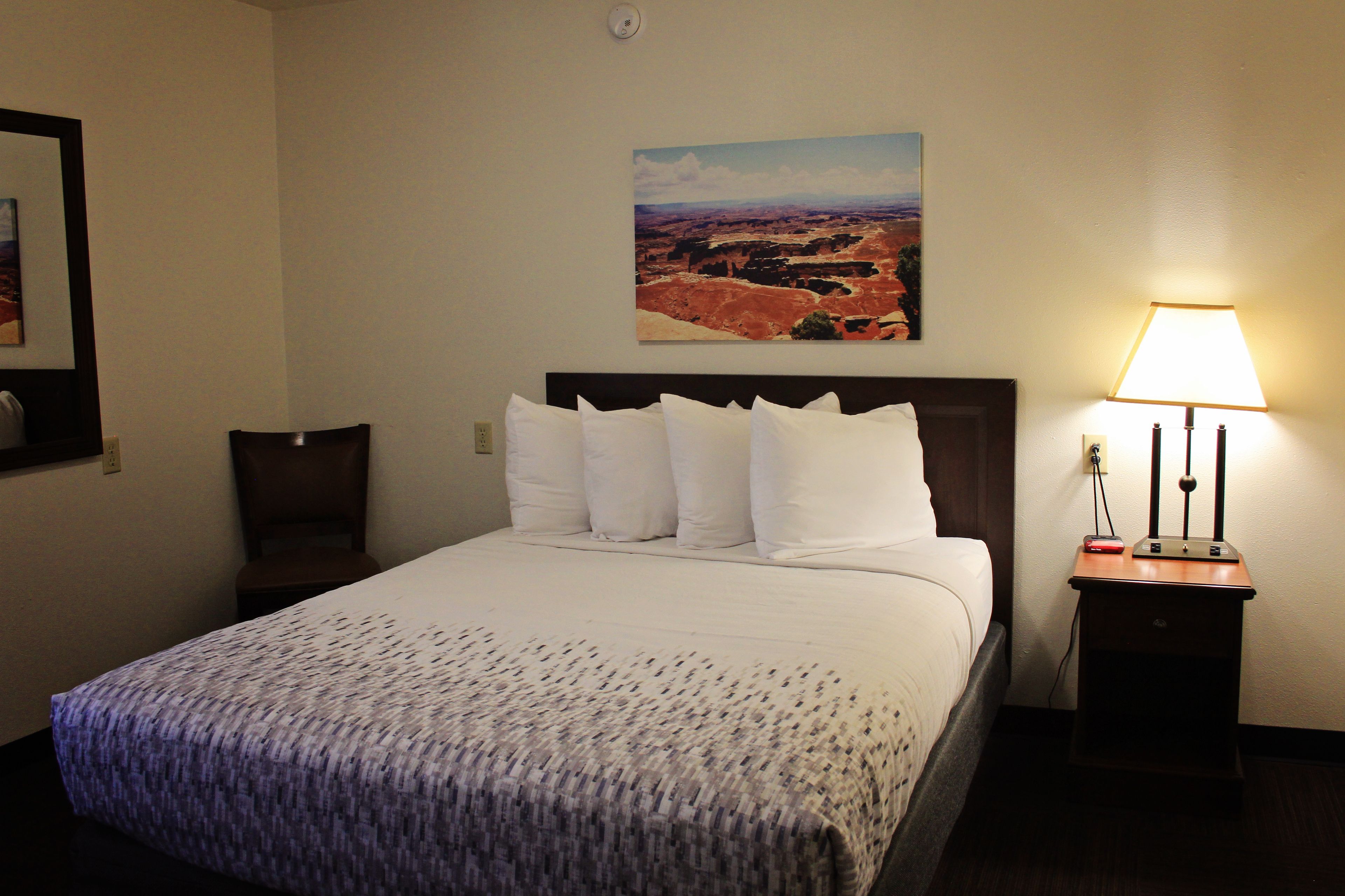 A hotel room with a large bed, a nightstand with a lamp, a framed picture on the wall, and a chair.
