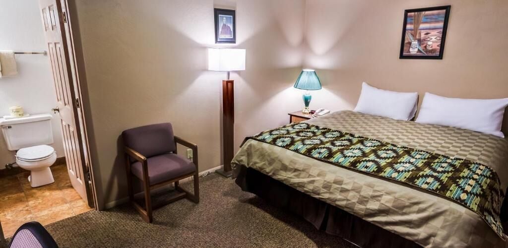 A hotel room with a bed, a chair, a bedside table with a lamp, a toilet, and a picture on the wall.
