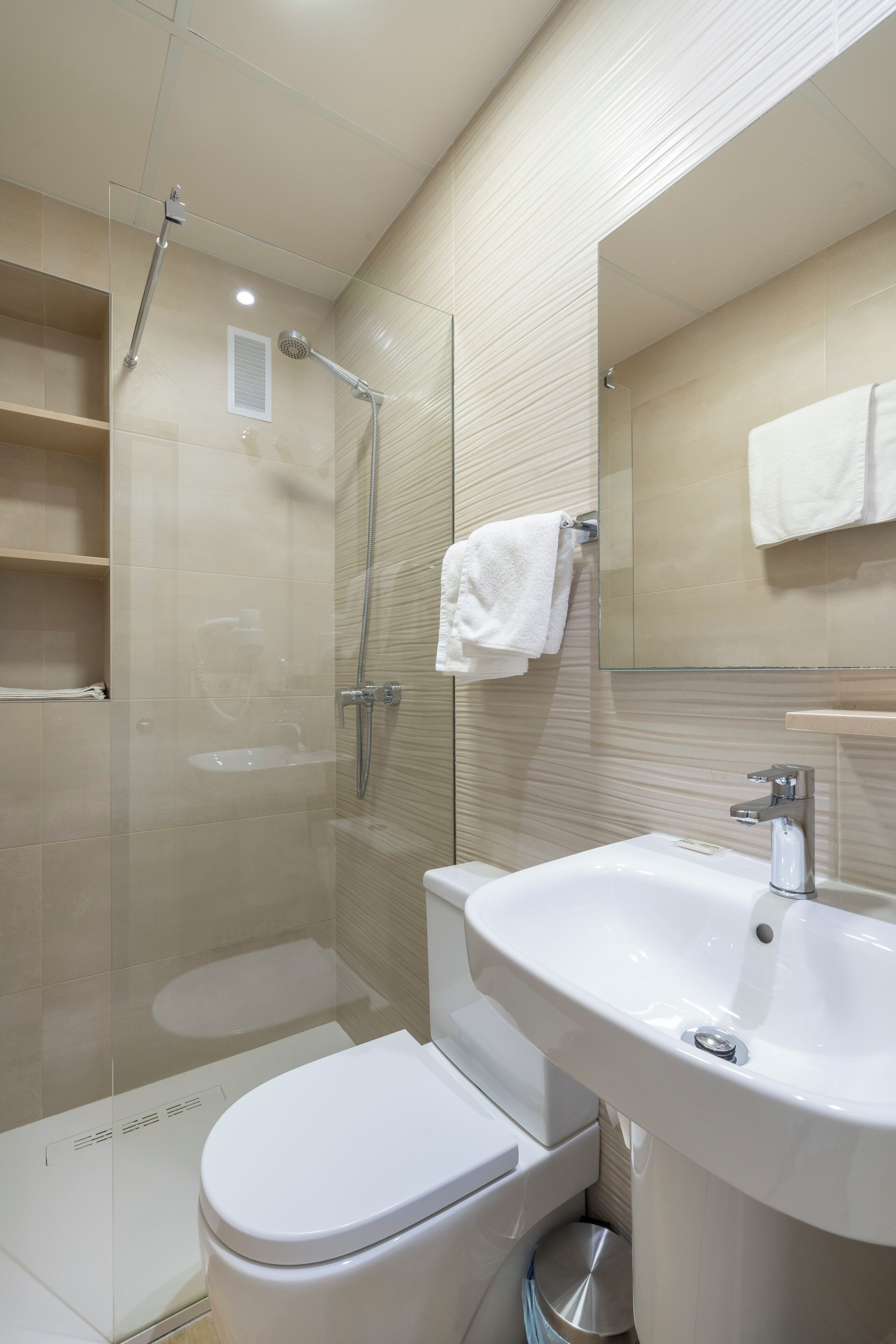 Familie driepersoonskamer, 3 eenpersoonsbedden | Badkamer | Een douche, gratis toiletartikelen, een haardroger, handdoeken