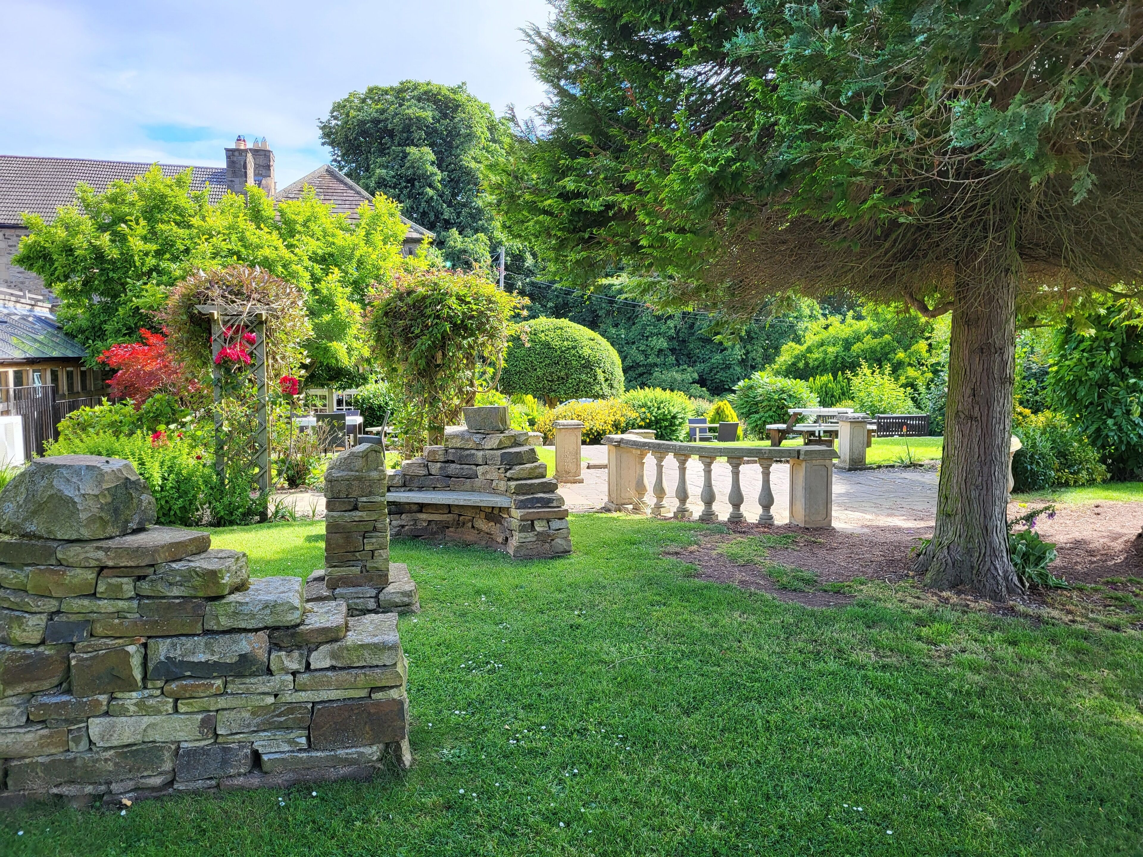 A stone wall, a wooden bench, and a tree in a garden.