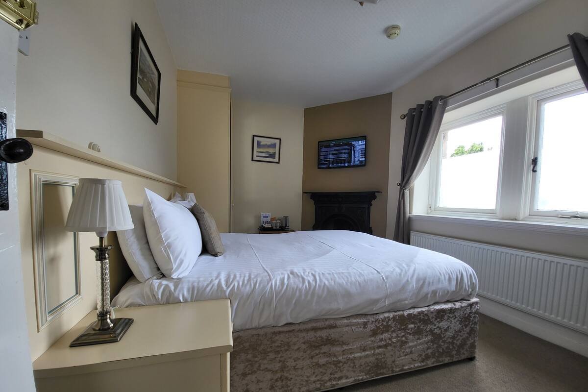 A neatly arranged bedroom with a bed, a bedside table with a lamp, a fireplace, a television, and a window with curtains.
