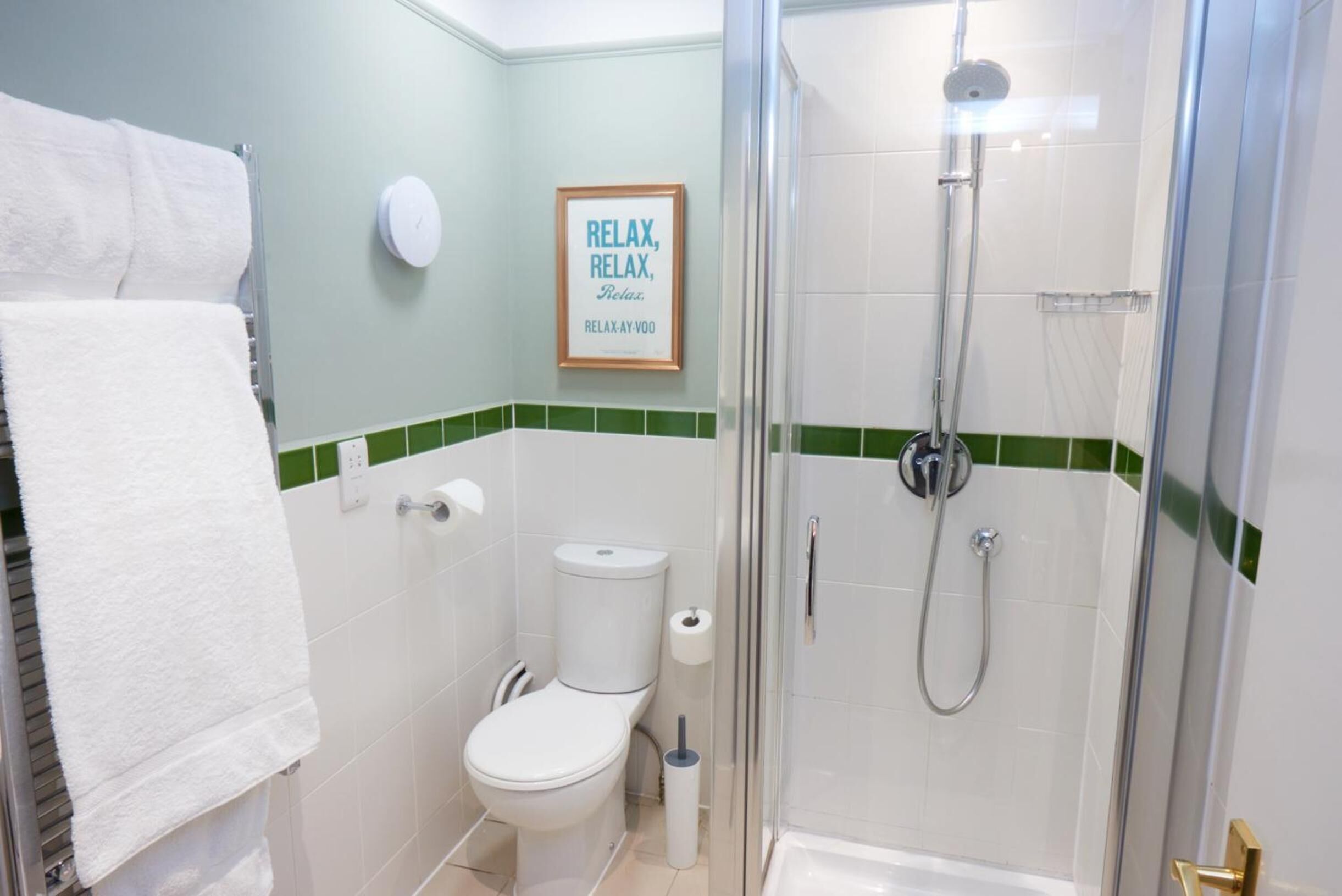 Een badkamer met toilet, douche en handdoekhouder.
