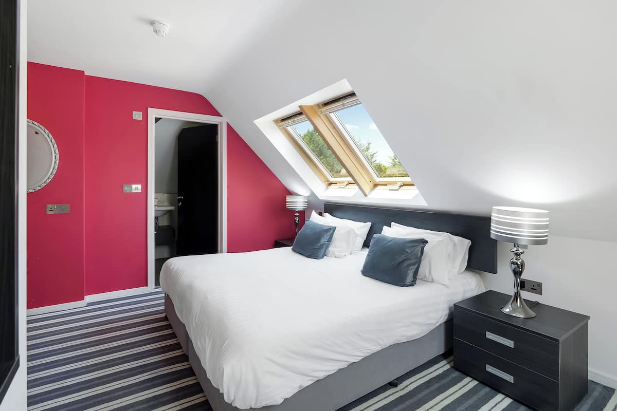 A bedroom with a sloped ceiling, a skylight, a bed with white bedding, a bedside table with a lamp, and a striped carpet.