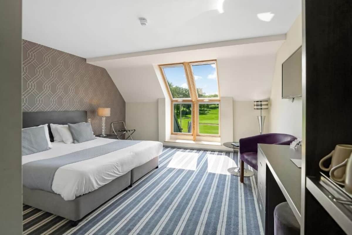 A modern hotel room with a large bed, a desk, and a view of a green landscape through a skylight.