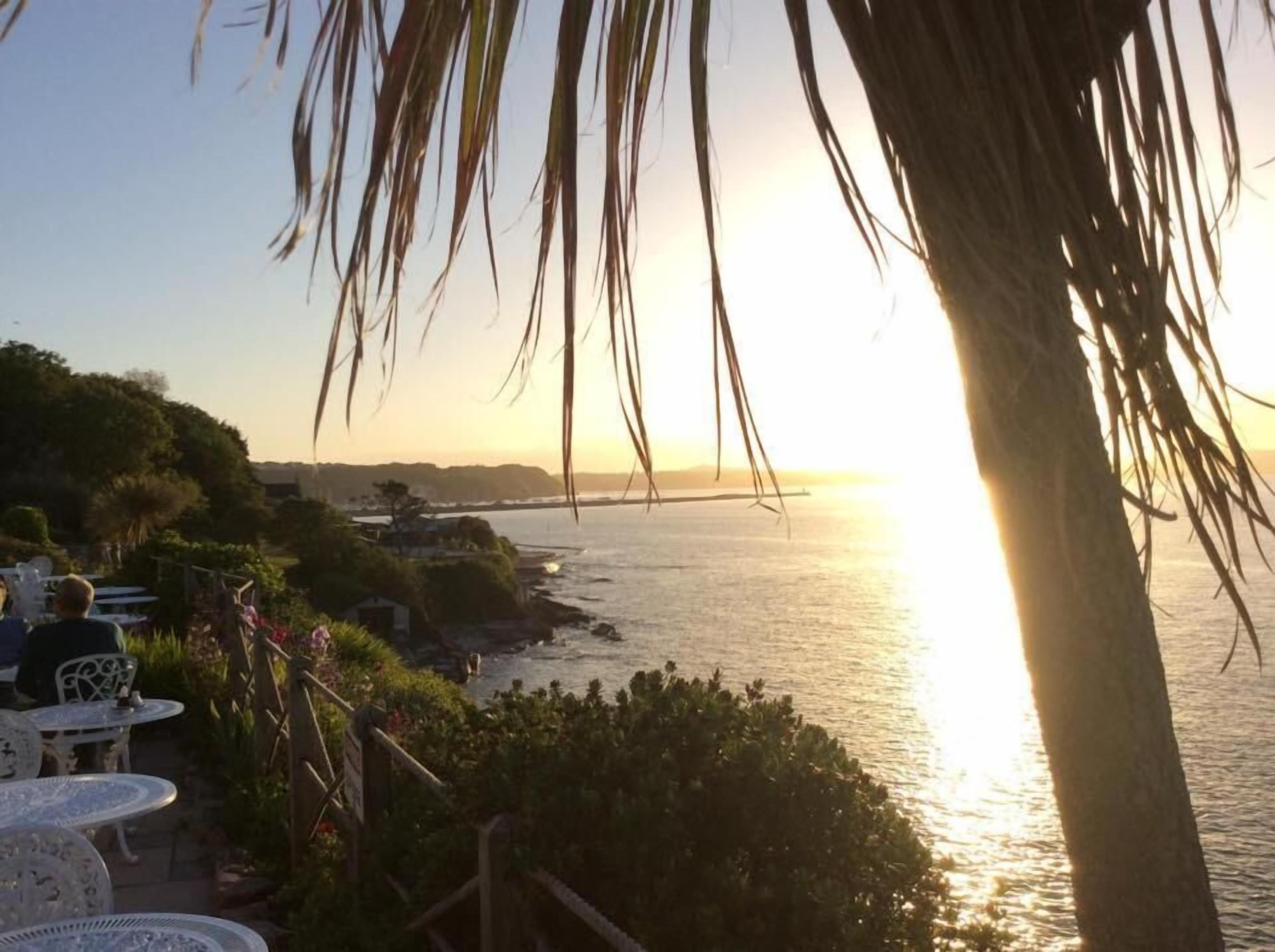 A coastal view with a sunset, palm trees, and outdoor seating.