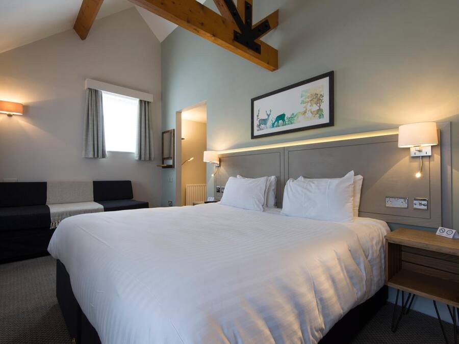 Habitación de hotel con una cama grande, una mesita de noche, una lámpara de noche, una ventana con cortinas, un cuadro colgado en la pared y un techo con vigas a la vista.