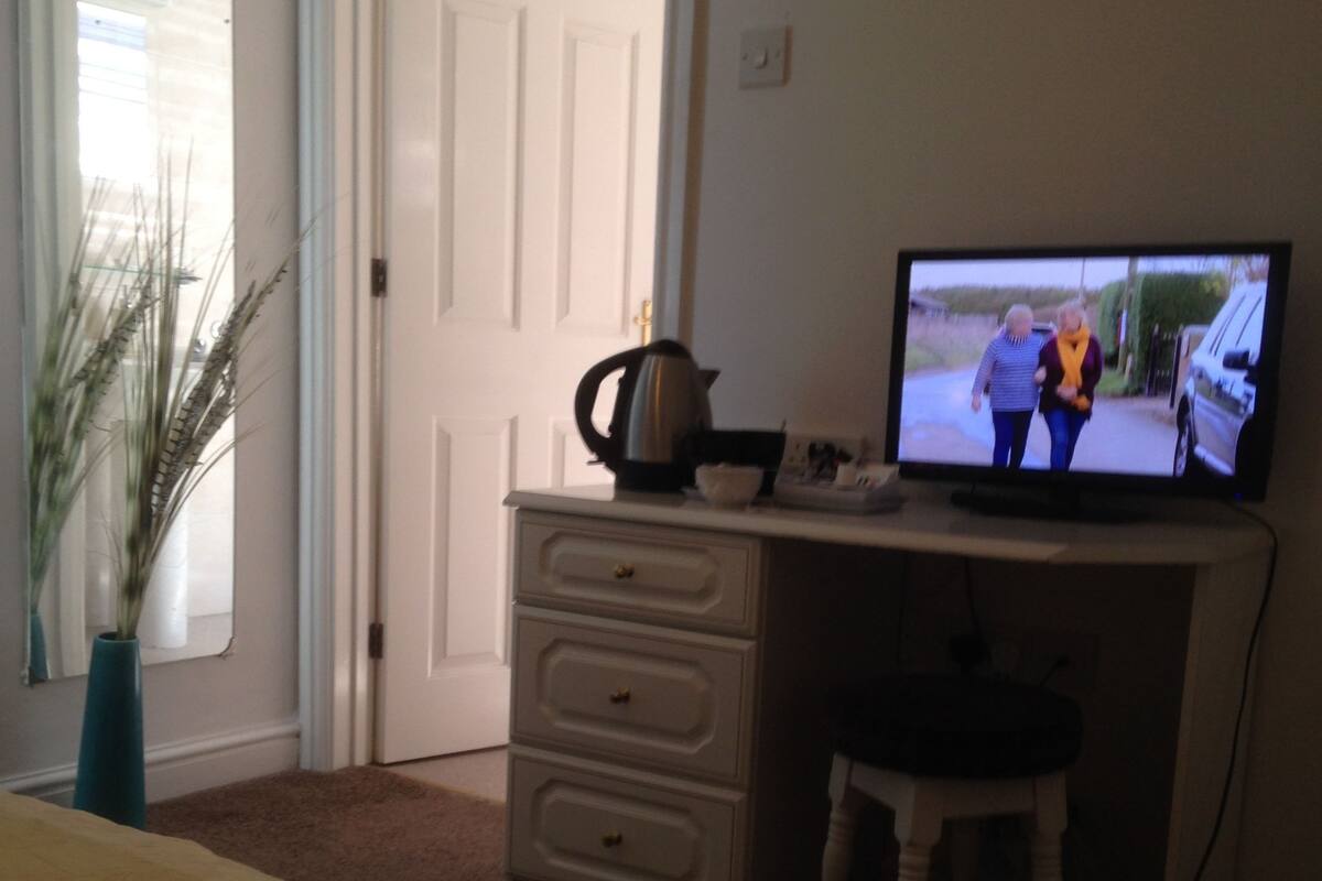 A bedroom with a bed, a desk with a television, a window with a view of the outdoors, and a door.