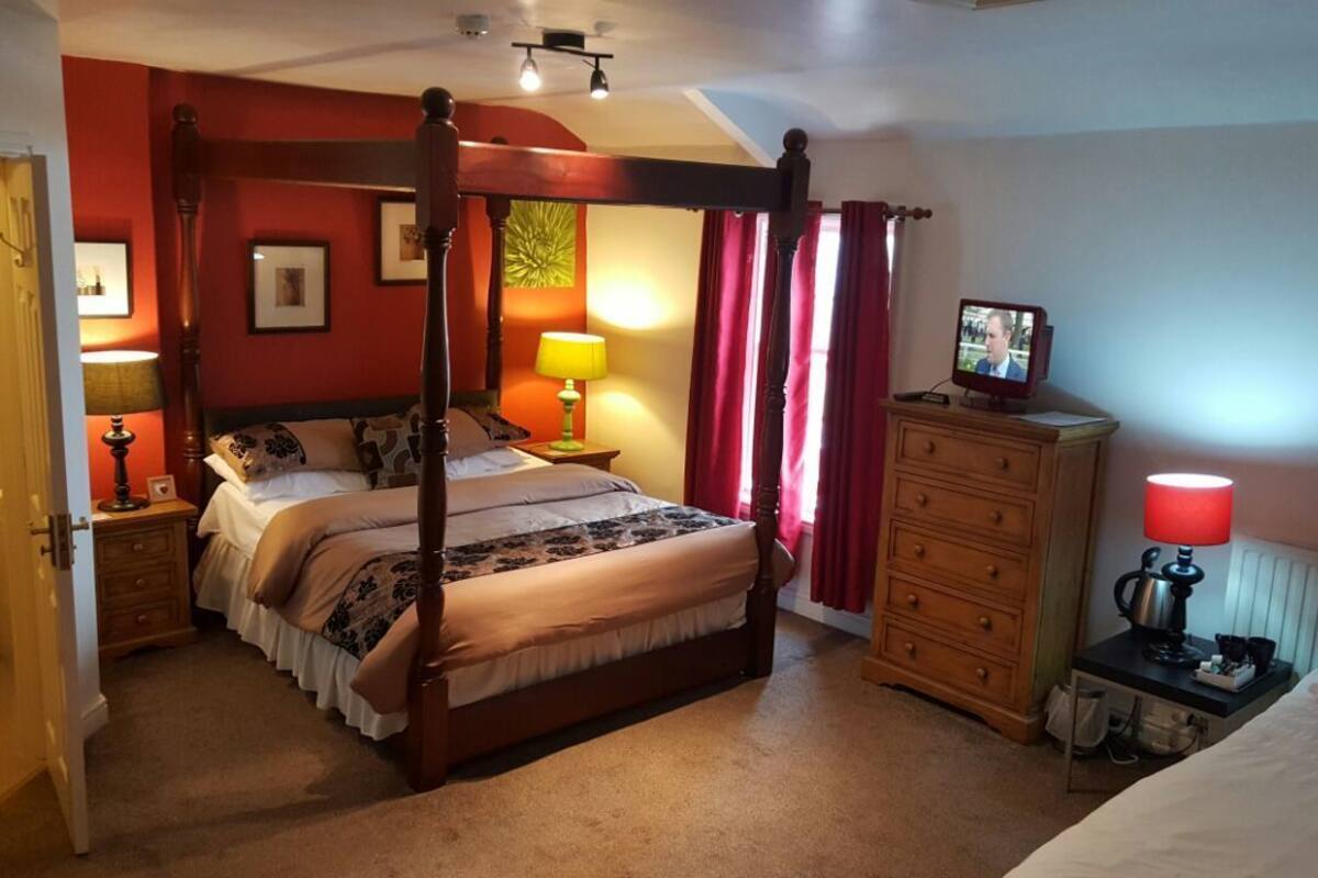 A four-poster bed with a wooden frame, a bedside table with a lamp, a television on a dresser, and a red curtain.