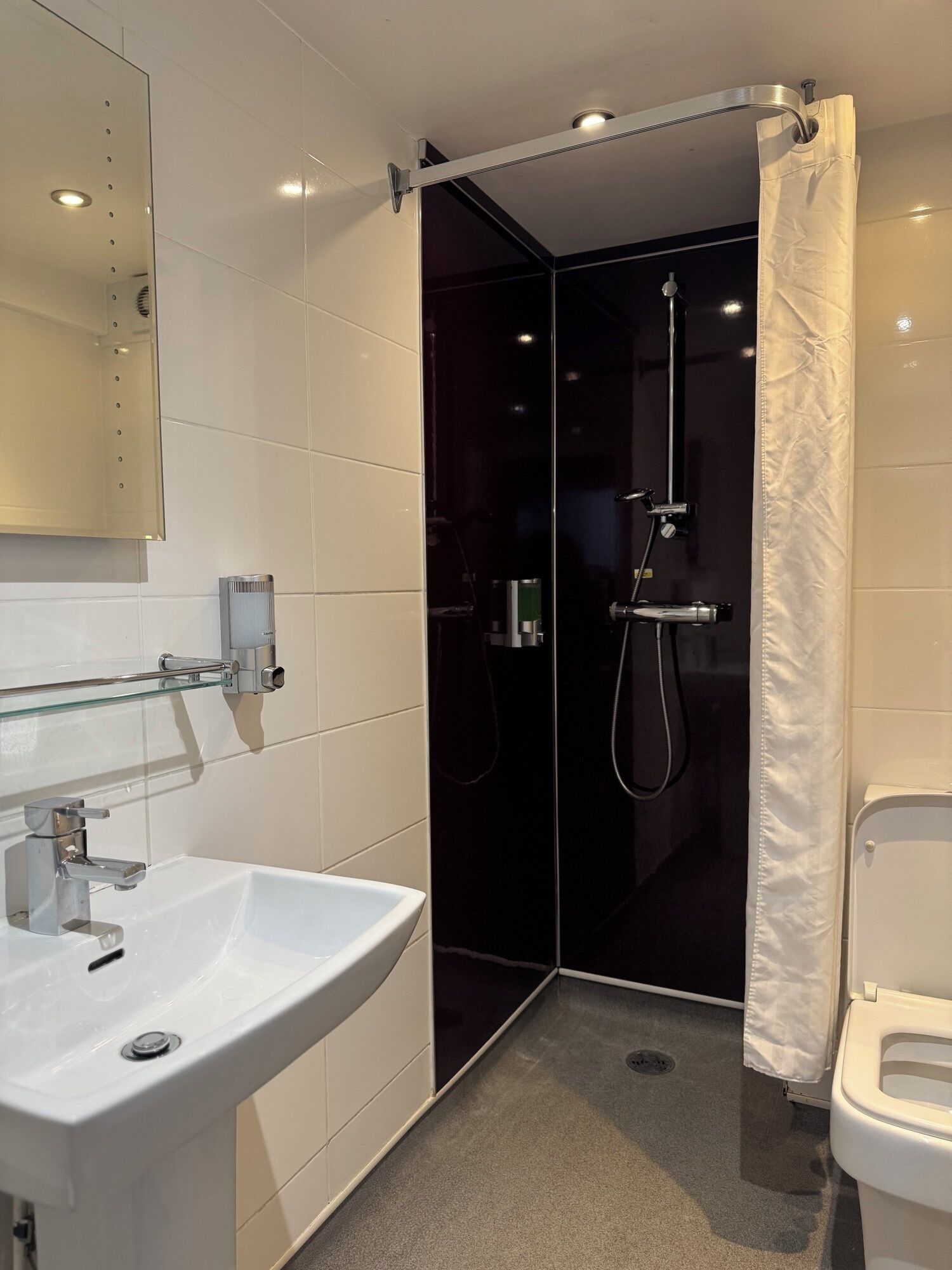 Ein modernes Badezimmer mit einer Glasdusche, einem weißen Waschbecken und einer Toilette.