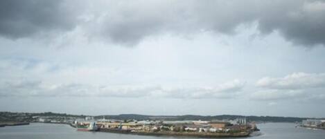 A coastal town with a harbor, buildings, and a large body of water.