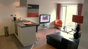 Leilighet, eget bad | Oppholdsområde | En 42-tommers Flatskjerm-TV med Parabol-TV samt plasma-TV og DVD-spiller