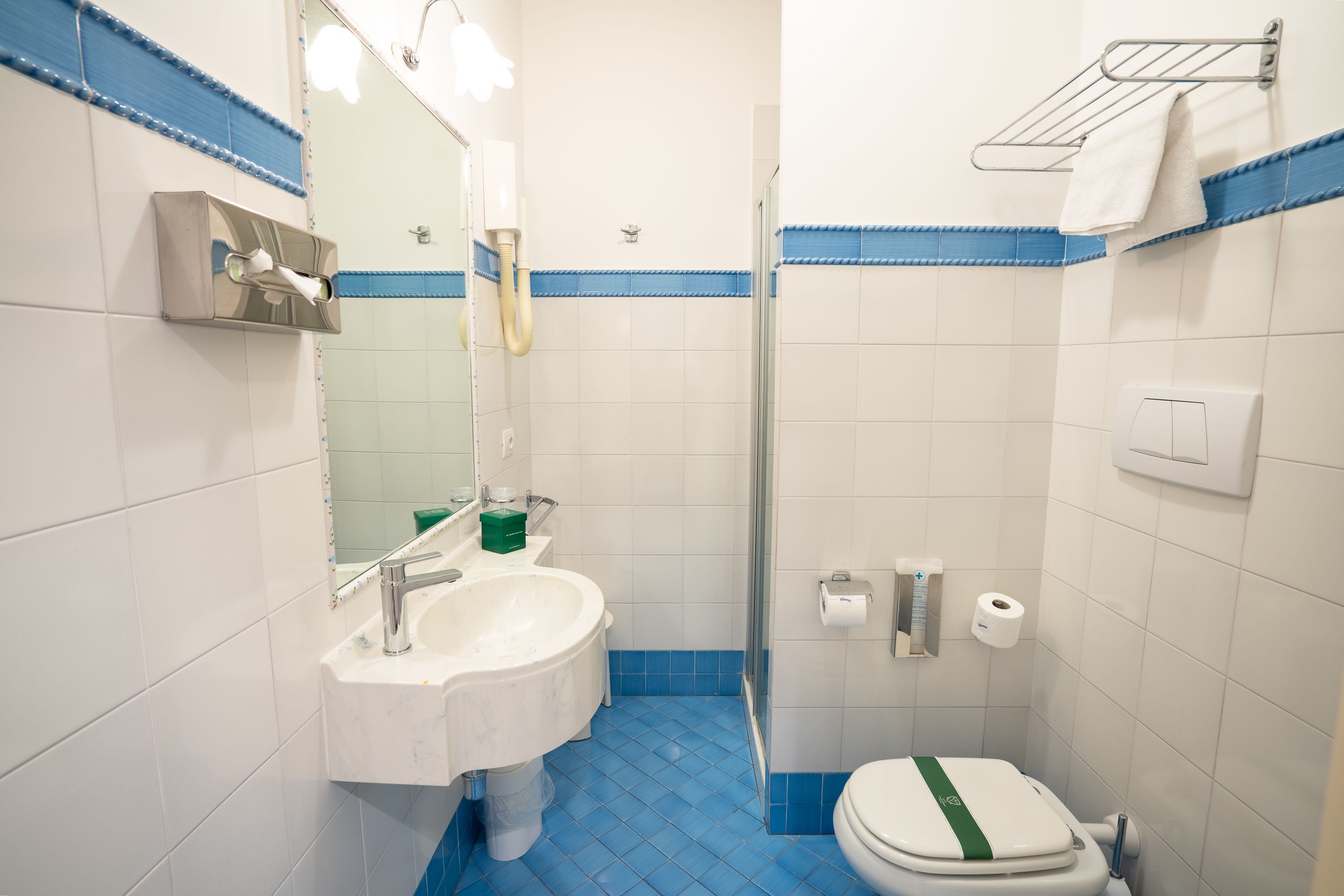 Une salle de bain équipée d’un lavabo, d’un miroir, de toilettes et d’une douche.