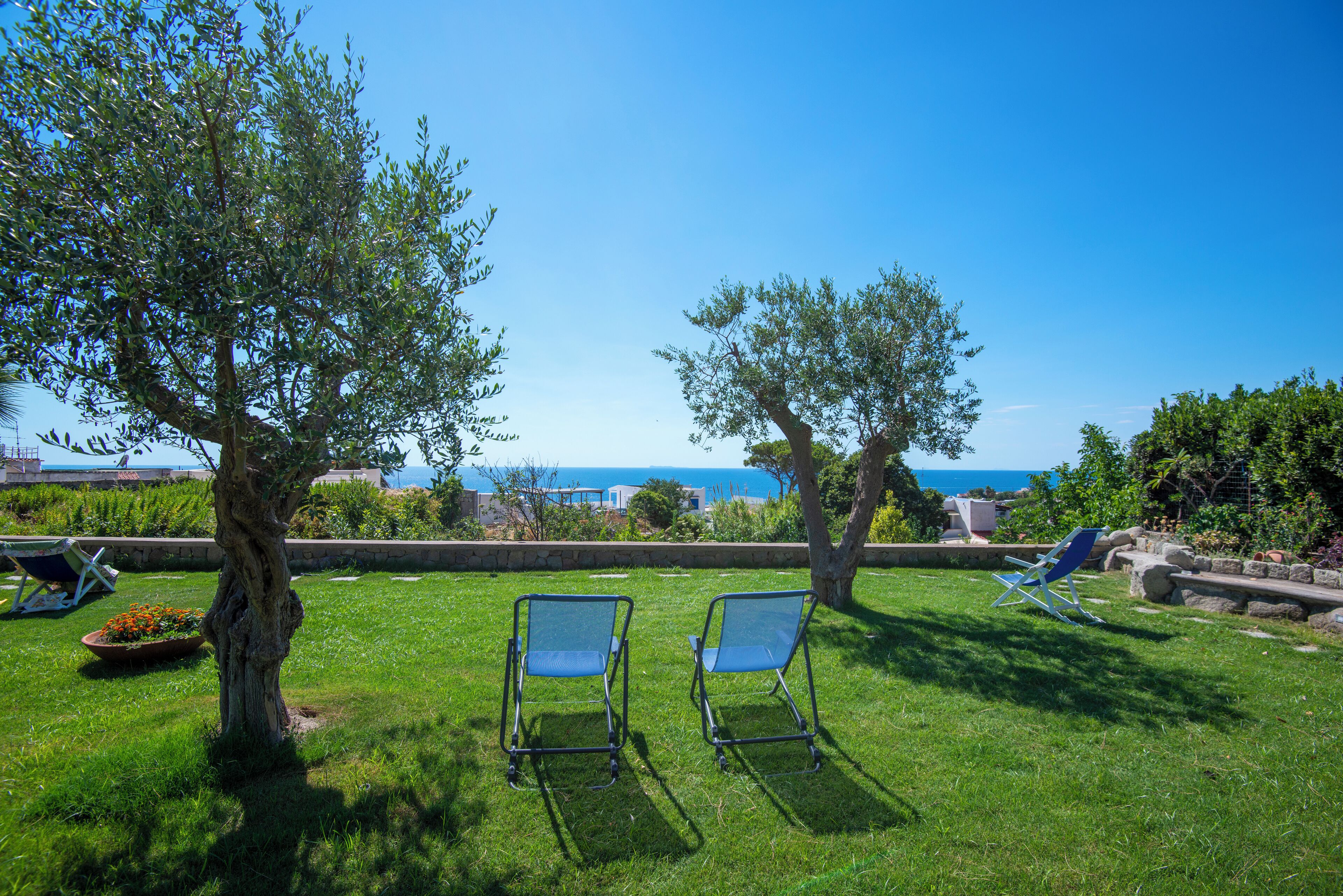 A grassy outdoor area with two blue lawn chairs and a tree, overlooking a body of water.