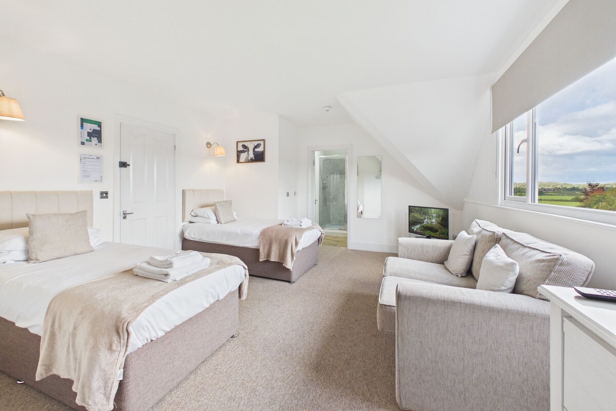 A spacious bedroom with two beds, a sofa, and a TV.
