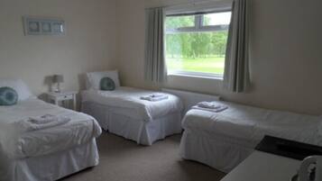 A hotel room with two single beds, a small bedside table with a lamp, a window with curtains, and a view of greenery outside.