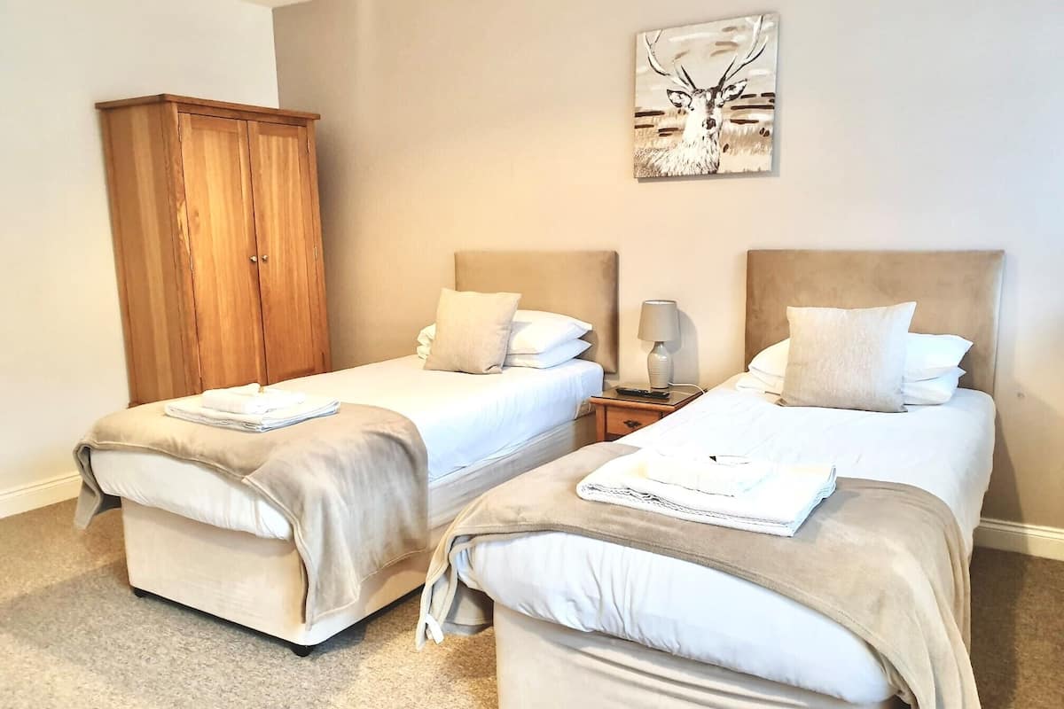Una habitación de hotel con dos camas, un armario, una lámpara y un cuadro en la pared.