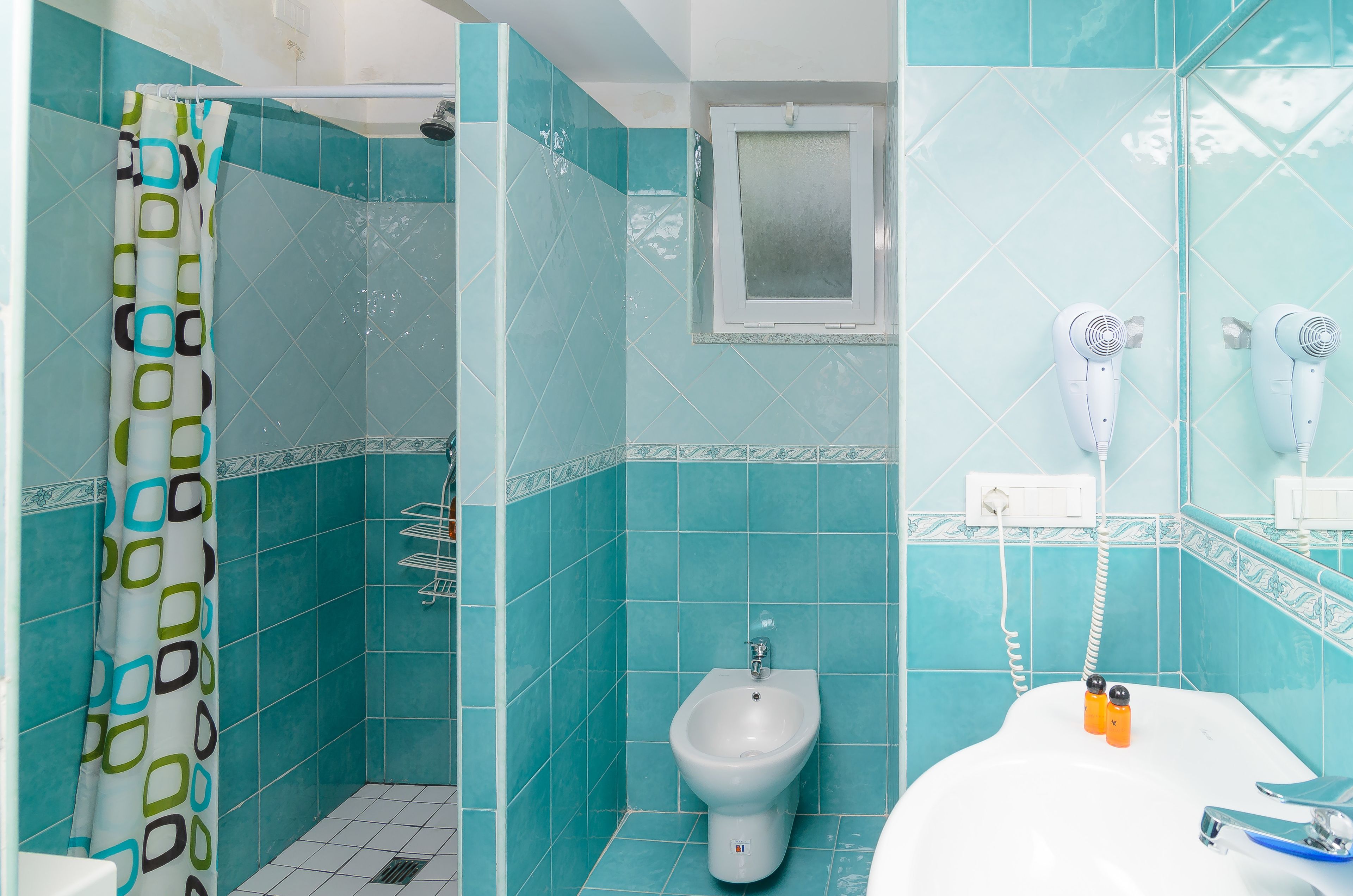 A bathroom with a shower, bidet, and hairdryer.