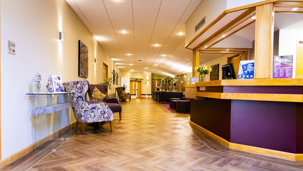 A hotel reception area with a wooden herringbone floor, a reception desk, a purple counter, and a patterned armchair. - Mitchell Hall (Bedford)