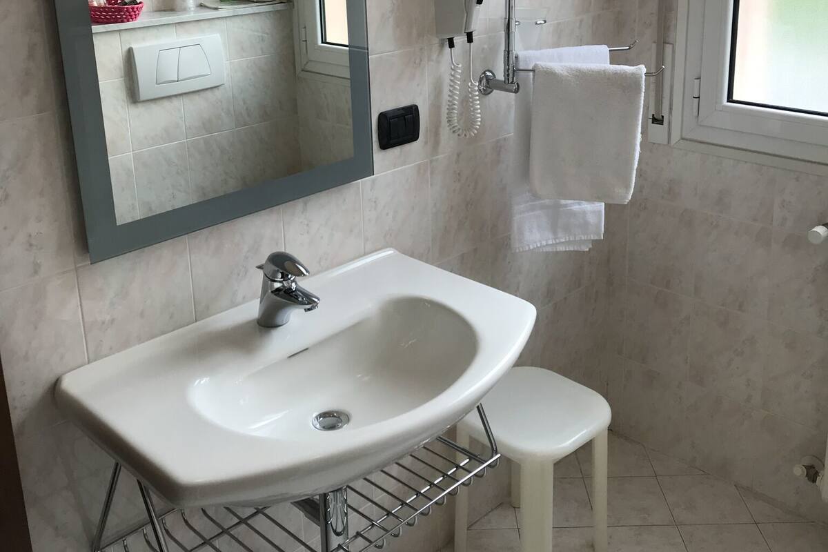 A modern bathroom with a large mirror, a sink, a handheld showerhead, and a toilet.