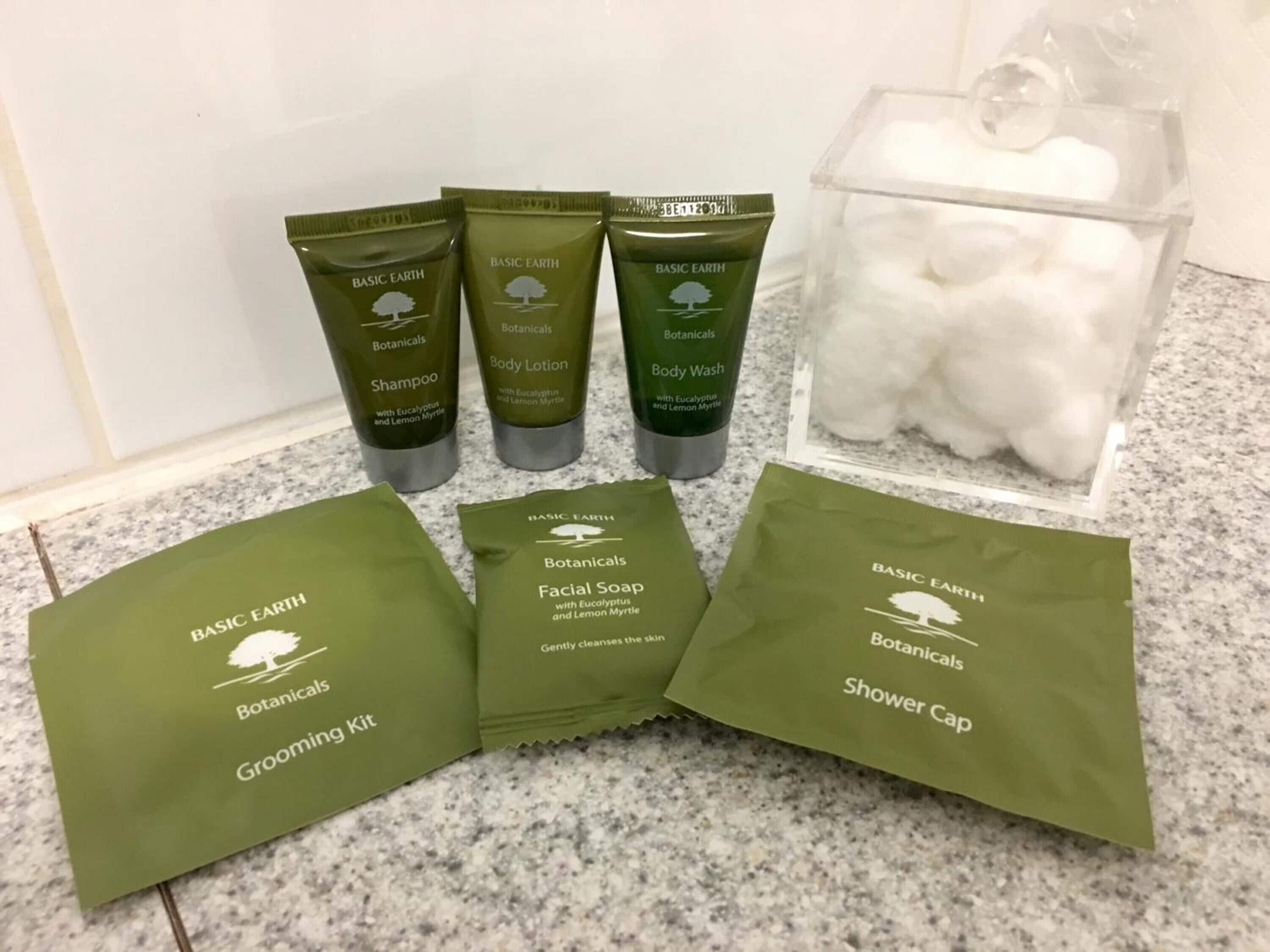 free toiletries, hair dryer, towels