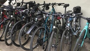Une rangée de vélos est garée contre un mur.