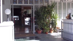 Entrada de hotel com porta de vidro, plantas em vasos e portão de metal.
