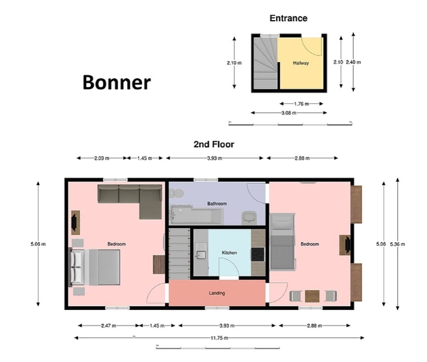 A floor plan of a hotel named Bonner, including a 2nd floor layout with bedrooms, a bathroom, a kitchen, and a landing area.