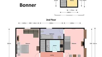 A floor plan of a hotel named Bonner, including a 2nd floor layout with bedrooms, a bathroom, a kitchen, and a landing area.